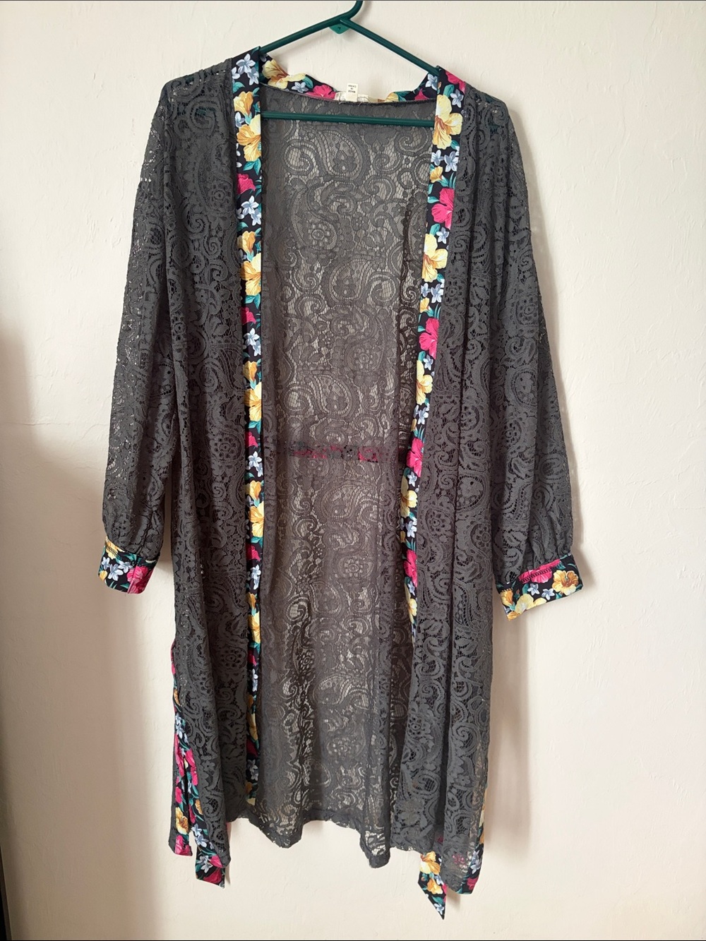 POL olive green Lace Kimono with Multicolor Floral Trim